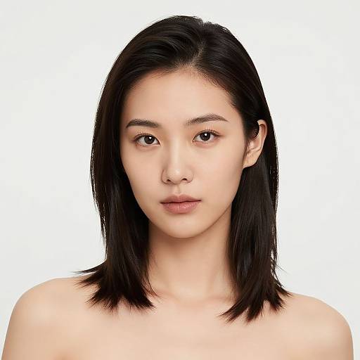 Photograph of an Asian woman with straight black shoulder-length hair, fair skin, and neutral expression, set against a plain white background.