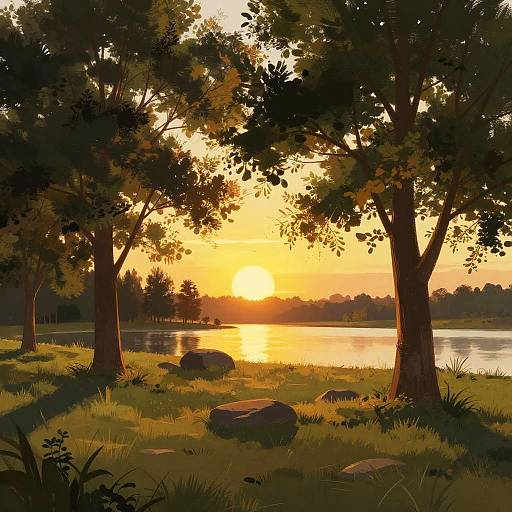 Serene Golden Sunset Through Canopy