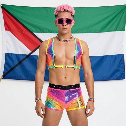 Photograph of a muscular, tan-skinned man with pink hair, wearing neon rainbow suspenders, matching shorts, black sunglasses, and colorful bracelets,