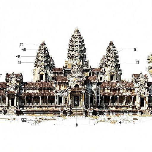 Digital drawing of a detailed, ornate historical building with three prominent towers, brown tiled roof, and intricate stonework, annotated with measurement markers.