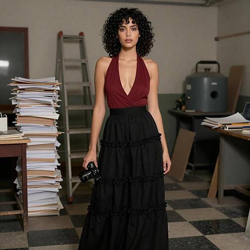 Woman Holding Camera in Cluttered Room