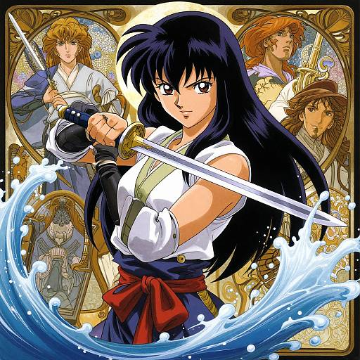 Anime-style digital artwork of a fierce, black-haired warrior with a sword, surrounded by four other characters in ornate, stained-glass backgrounds, with