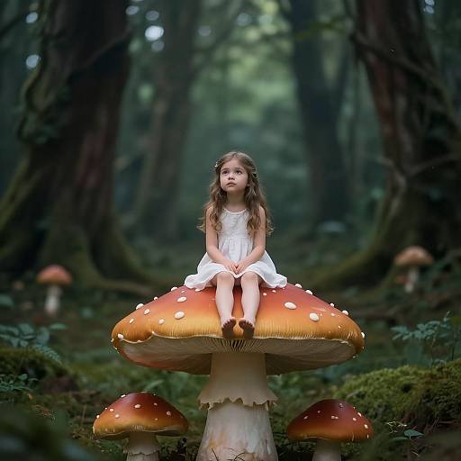 Photograph-style digital illustration: Young girl with wavy brown hair, wearing a white dress, sits on a large, orange-spotted mushroom in a