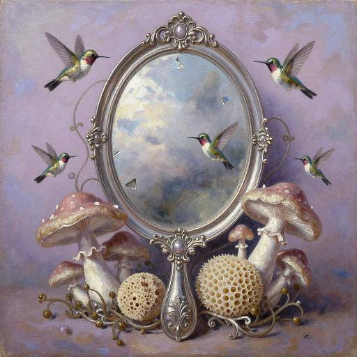 Rococo Silver Mirror with Pastel Mushrooms
