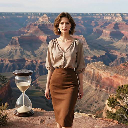 Photograph of a brunette woman in a beige blouse and brown skirt, standing beside an hourglass on a Grand Canyon ledge.