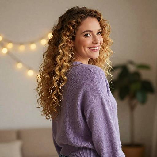 Smiling Woman with Curly Blonde Hair in Purple Sweater