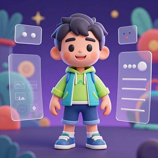 Digital cartoon of a cute, smiling boy with dark hair, green hoodie, blue shorts, and sneakers, surrounded by floating tech symbols.
