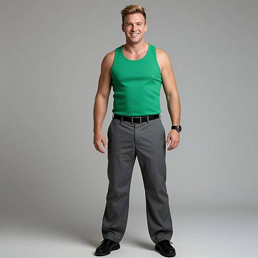 Photograph of a smiling, muscular Caucasian man with short blonde hair, wearing a green tank top, black pants, black belt, and black shoes,