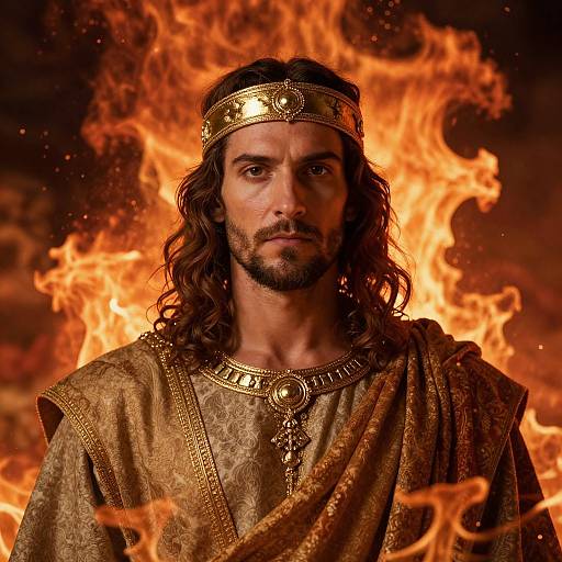 Photograph of a serious, long-haired, bearded man with a golden crown and ornate robe, standing in front of intense flames, evoking