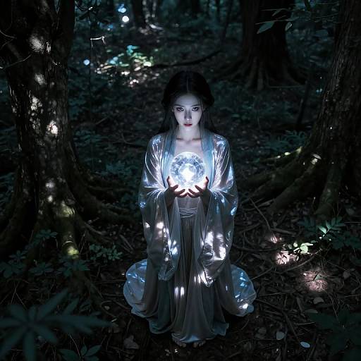 Photograph of a pale, dark-haired woman in a glowing, silver dress holding a luminous orb in a dark, enchanted forest.