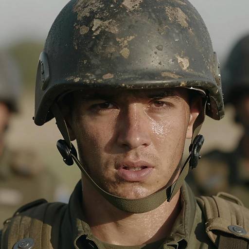 Close-up of Male Soldier with Worn Helmet