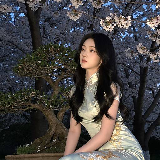 Photograph of an East Asian woman with long black hair, wearing a white, embroidered cheongsam, sitting against a backdrop of blooming cherry bloss