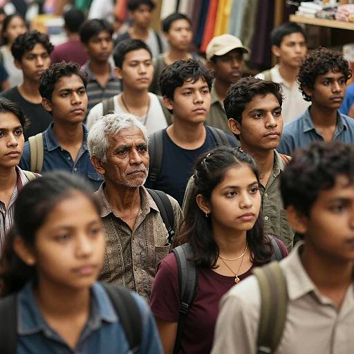 Photograph of diverse group of young Indian students, mixed genders, standing closely together, with an elderly man with white hair in front, blurred background of