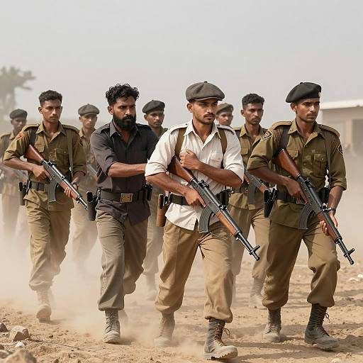 Confrontation Among Soldiers in Dusty Terrain