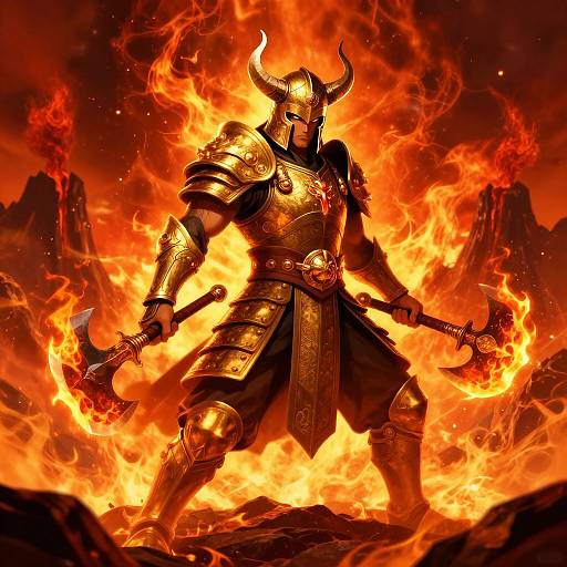 Digital artwork of a fierce, armored warrior with horns, standing amidst roaring flames, wielding two glowing axes, set against a fiery, mountainous backdrop.