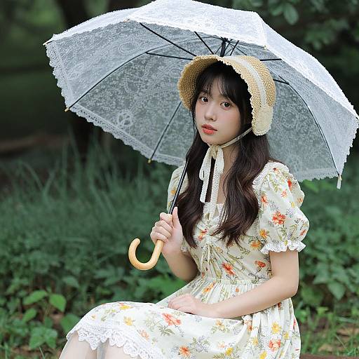 Young Asian woman in floral dress and straw hat, holding a lace umbrella, sitting outdoors with green foliage background. Photographic image.