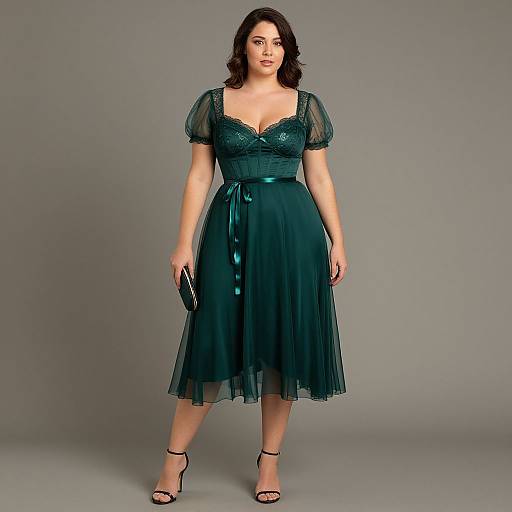 Photograph of a plus-size woman with fair skin and dark brown hair, wearing a teal, lace-trimmed, short-sleeve dress with