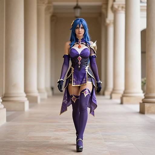 Photograph of a blue-haired woman in a purple, fantasy-style outfit with gold accents and thigh-high boots, walking through a colonnaded hallway.