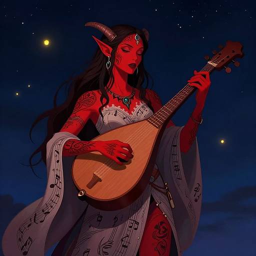 Digital illustration of a red-skinned, horned, elven woman playing a mandolin under a starry night sky, wearing a white, musical