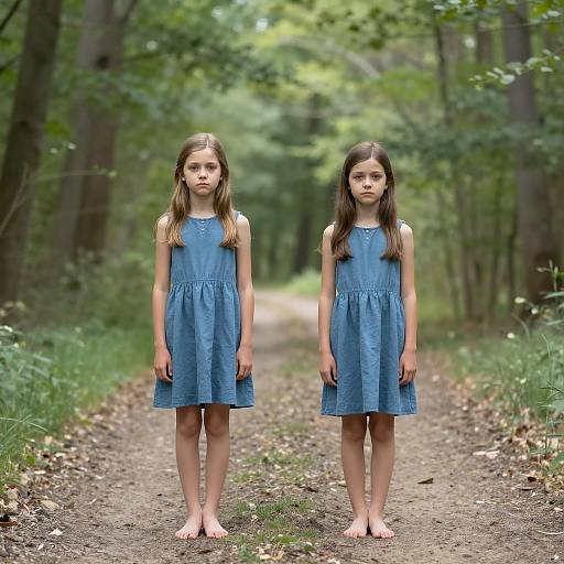 Twin Girls in Matching Blue Dresses on Forest Path