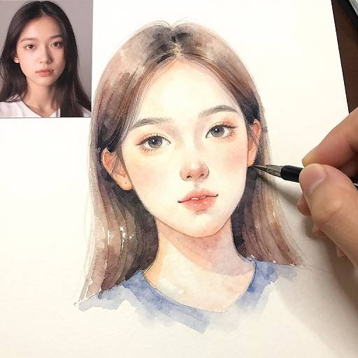 Digital portrait of an East Asian woman with long brown hair, light skin, and blue eyes, being painted with a brush in the foreground. Photograph in