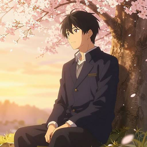 Serene Anime Boy Under Cherry Blossoms