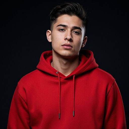 Photograph of a young man with short dark hair, fair skin, wearing a bright red hooded sweatshirt, against a black background.