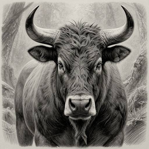 Detailed black-and-white digital illustration of a large, curious bull with prominent horns, staring directly at the viewer in a forest background.