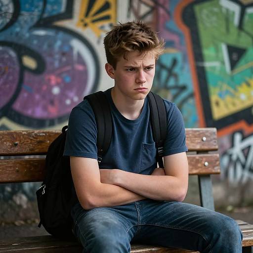 Annoyed Teenager on Graffiti Bench