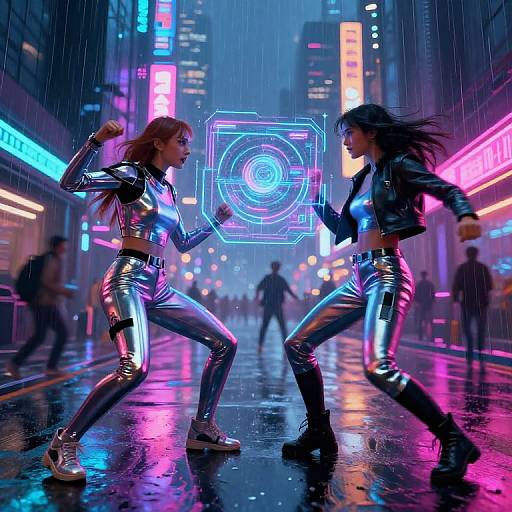 Neon-lit cyberpunk street fight: two women in shiny silver outfits, black leather jackets, and white boots, create a glowing holographic grid