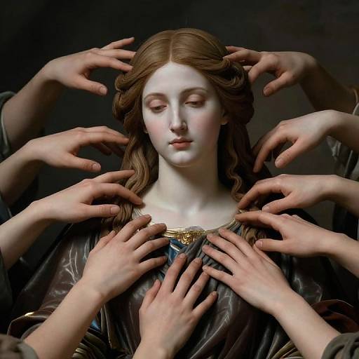 Photorealistic digital painting of a serene, fair-skinned woman with brown hair, surrounded by multiple hands gently touching her face, chest, and shoulders