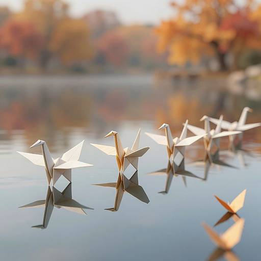 Photograph of five origami swans floating on a calm lake, reflecting autumn trees with vibrant red and orange leaves.