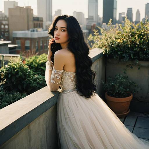 Woman in Embroidered Sheer Gown on Rooftop Garden