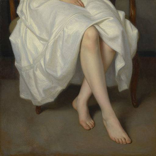 Realistic painting of a person's pale legs crossed, wrapped in a white, textured, flowing robe, seated on a wooden chair.
