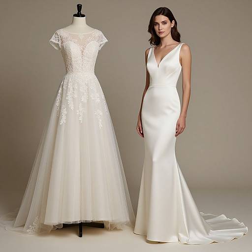 Photograph of a brunette woman in a sleek, white, V-neck satin wedding gown, standing beside a lace and tulle dress on a manne