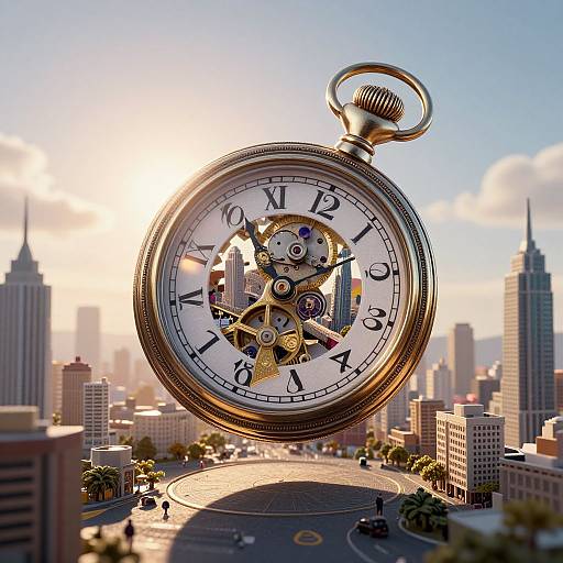 Digital art: Giant pocket watch with exposed gears and Roman numerals floating over a sunlit, detailed cityscape with skyscrapers.