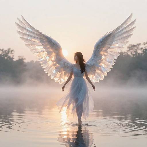 Photograph of a silhouetted angelic figure with large, glowing white wings, wearing a flowing white dress, standing in a misty,