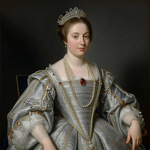 18th-century portrait of a regal woman in an ornate silver gown with pearl necklaces, red gemstone brooch, and silver tiara