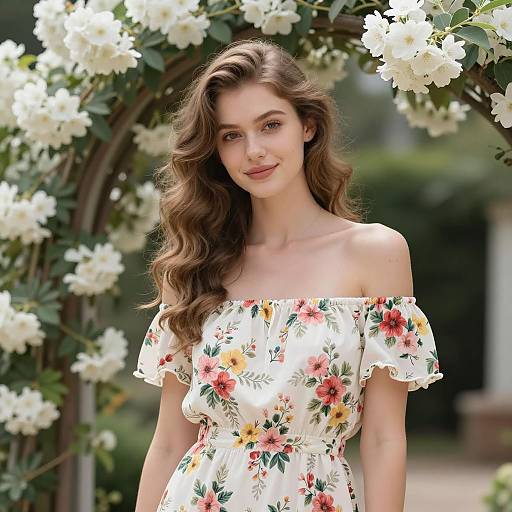 Young Woman in Floral Off-Shoulder Dress by White Flower Arch