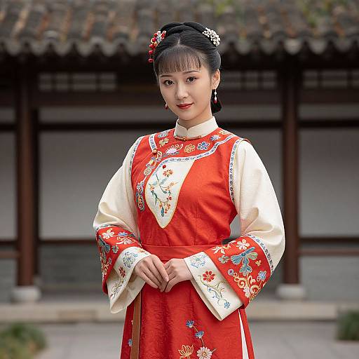 Photograph of an Asian woman with black hair in a red and white traditional Chinese dress, standing in front of a traditional wooden building.