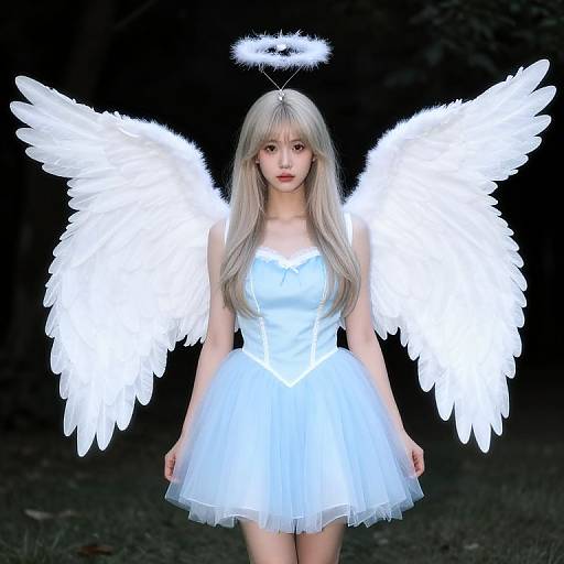 Digital CGI of a silver-haired woman with white angel wings, halo, and white tulle dress, standing against a dark background.