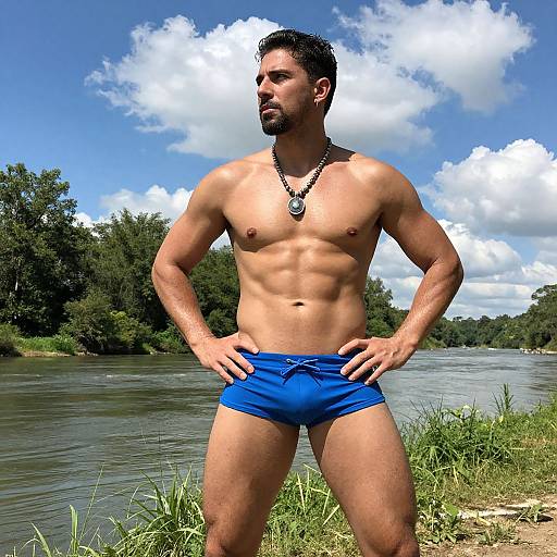 Photograph of a muscular, bearded man with tan skin, wearing blue briefs and a necklace, standing confidently by a river with a cloudy blue