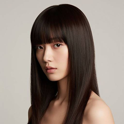 Photograph of an East Asian woman with long, straight black hair and blunt bangs, light skin, neutral expression, against a plain white background.