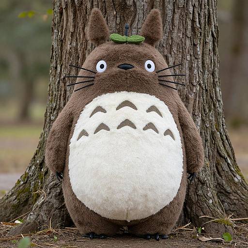Photograph of a plush Totoro plush toy with brown fur, white belly, green leaf on head, standing against a tree in a forest.