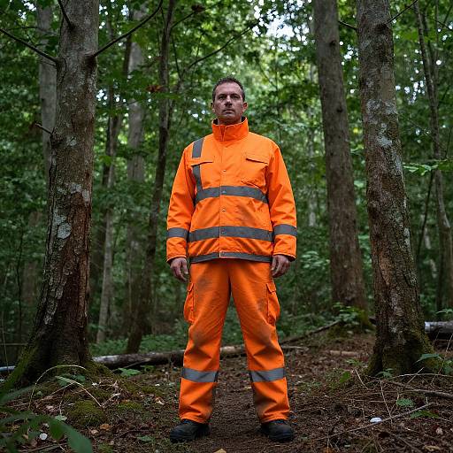 Photograph of a serious-looking man in an orange high-visibility work suit standing in a dense, green forest with tall trees.