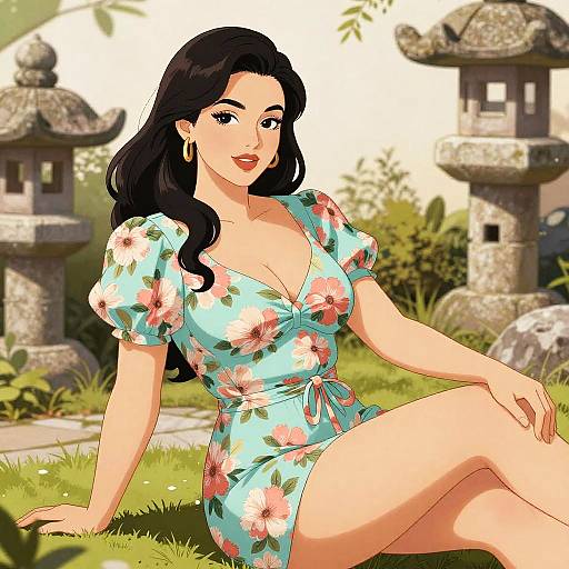 Curvy Woman in Floral Romper in Zen Garden