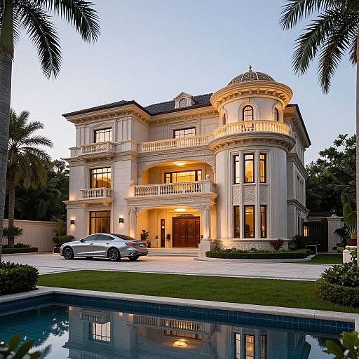 Photograph of a grand, two-story, Beaux-Arts style mansion at dusk, illuminated by warm lights, with a silver car in front,