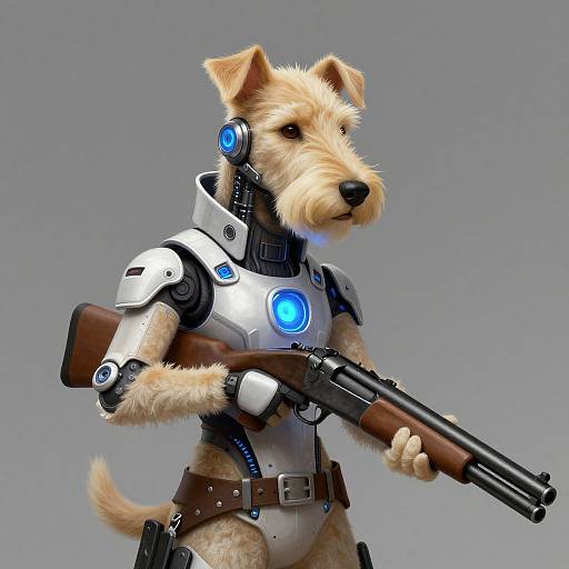 CGI image of a robotic, furry terrier dog holding a double-barrel shotgun, with glowing blue lights and metallic armor.