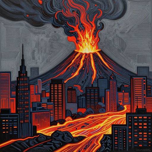 Digital illustration of a volcano erupting in a cityscape, with bright red lava flowing through streets and buildings, surrounded by dark, swirling smoke.