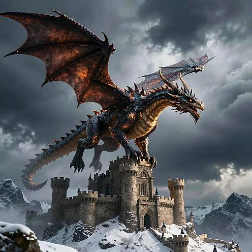 Digital fantasy artwork of a large, fierce red and black dragon perched on a snow-covered medieval castle, with stormy clouds and mountainous background.